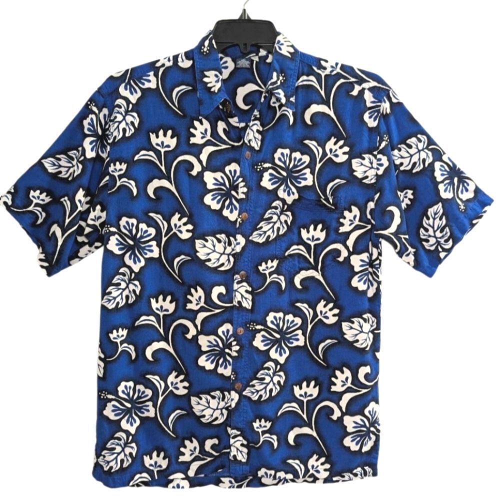 Hibiscus Collection Hawaiian cobalt blue floral men's causal button down shirt M